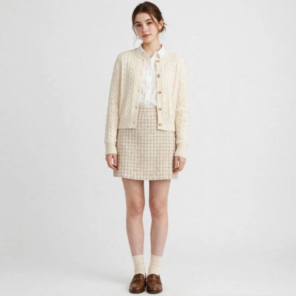 Max Studio Linen Blend Beige Gingham Wrap Mini Skirt Small 5702L16C